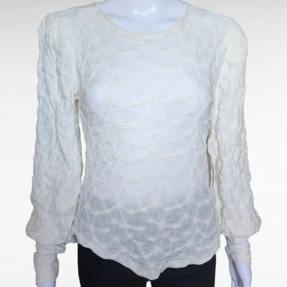 Anthropologie BTFL LIFE Off White Textured Puff Sleeve Blouse Size Small